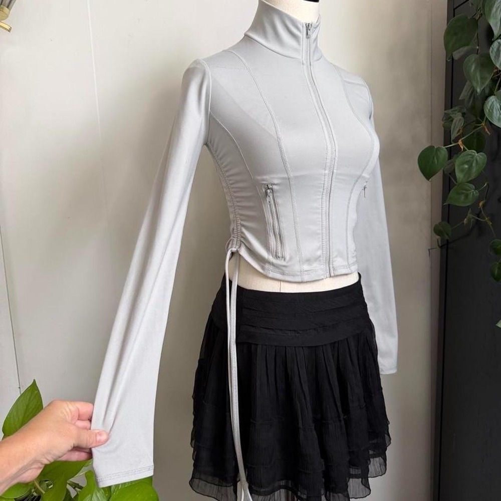PAC 1980 Womens Light Grey Zip Up Cropped Athletic Jacket Tie Waist XS
